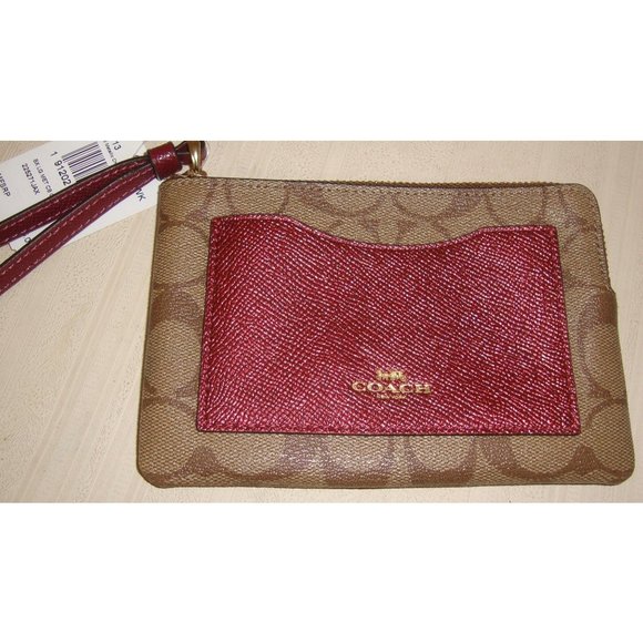 Coach Logo Corner Zip Wristlet With Metallic Color Block Khaki/Cherry  Brand NEW - Picture 2 of 5